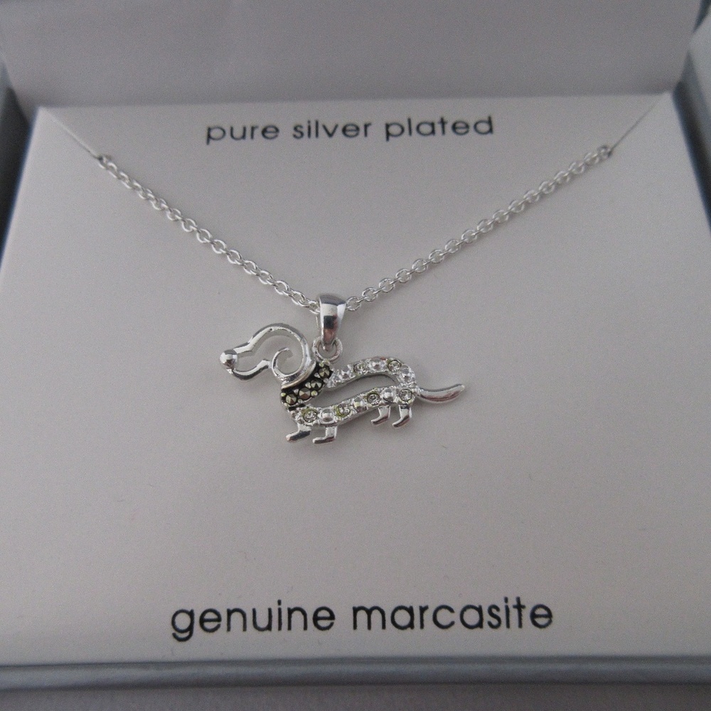Silver Dog Charm Necklace with Genuine Marcasite